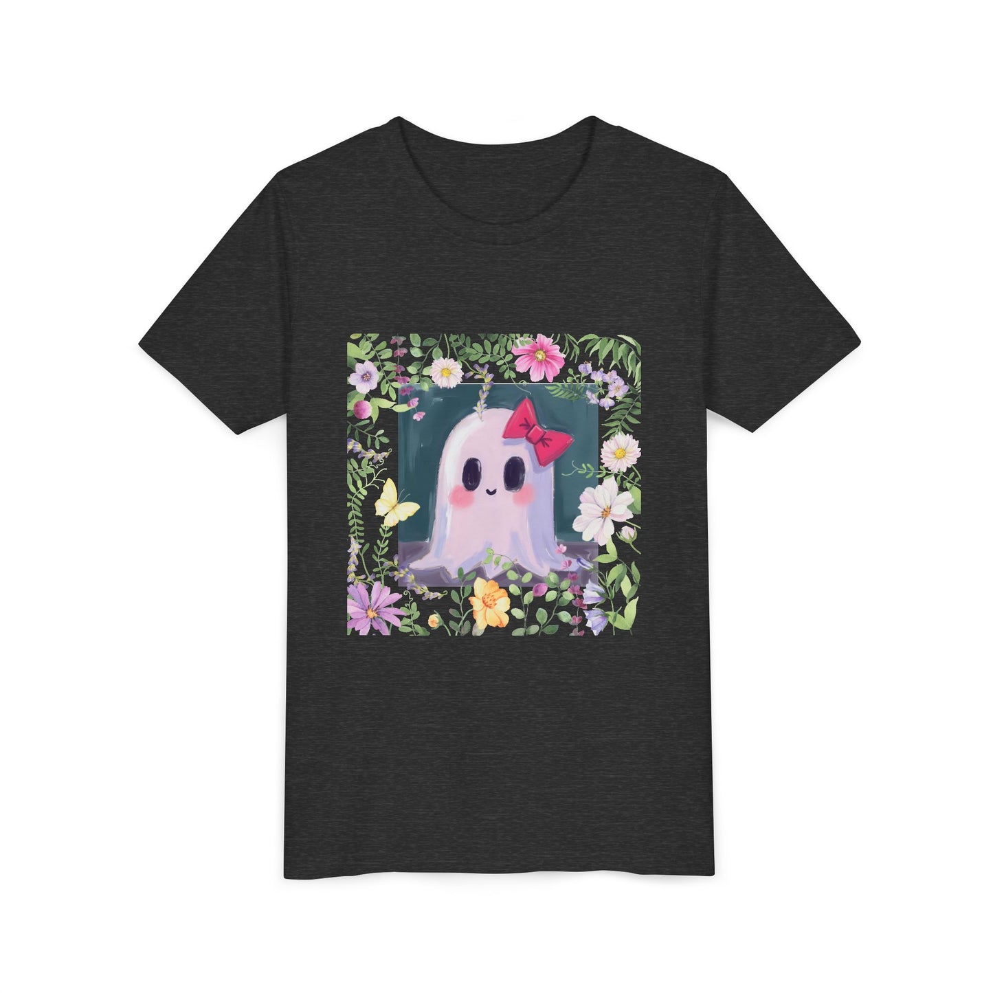 Cute Ghost Floral Youth Tee, Halloween Shirt, Kids Ghost T-Shirt, Cute Summer Tee, Gift for Kids, Youth Ghost Apparel