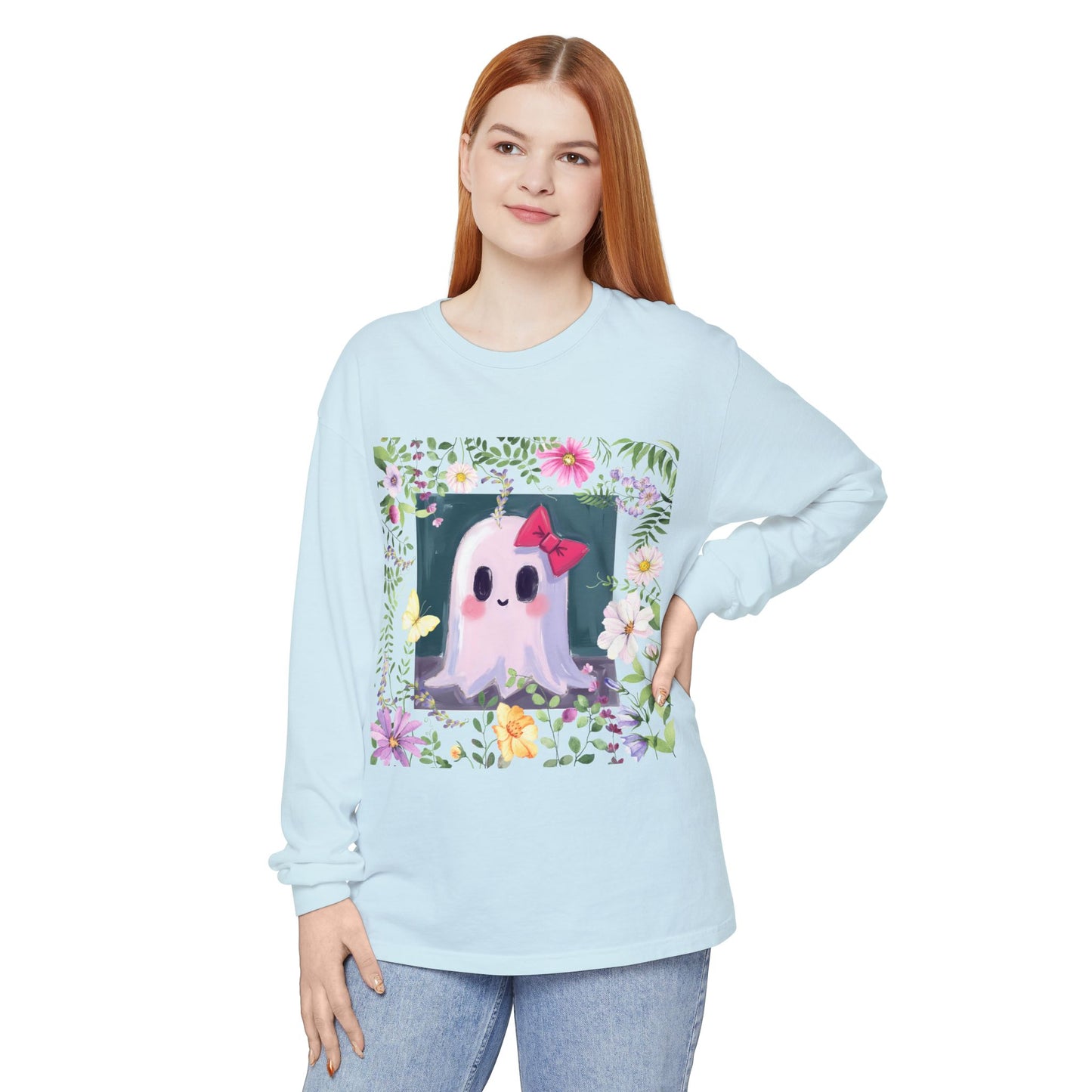 Cute Ghost Floral Long Sleeve T-Shirt, Unisex Halloween Tee, Fall Fashion, Gift for Ghost Lovers, Casual Wear, Spooky Season Apparel