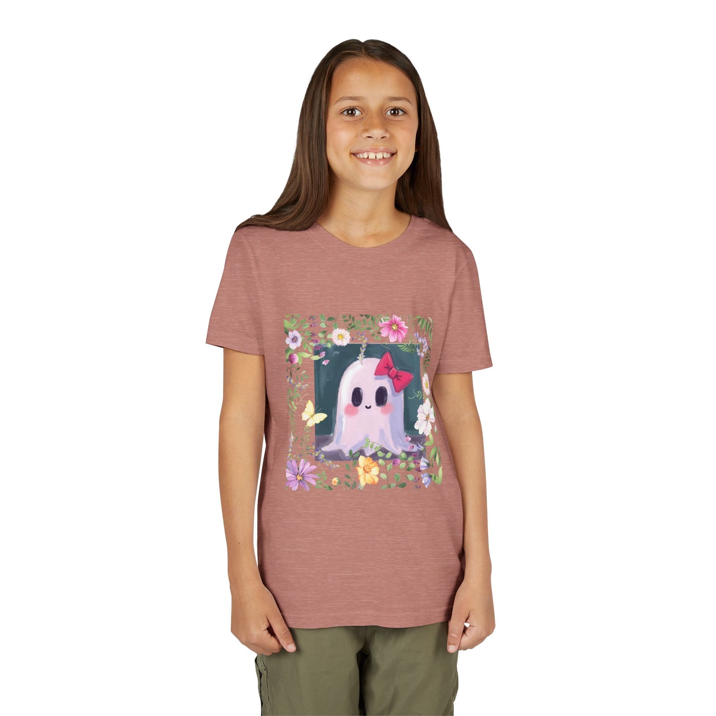 Cute Ghost Floral Youth Tee, Halloween Shirt, Kids Ghost T-Shirt, Cute Summer Tee, Gift for Kids, Youth Ghost Apparel