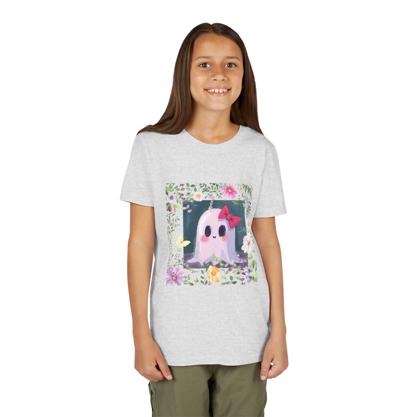 Cute Ghost Floral Youth Tee, Halloween Shirt, Kids Ghost T-Shirt, Cute Summer Tee, Gift for Kids, Youth Ghost Apparel