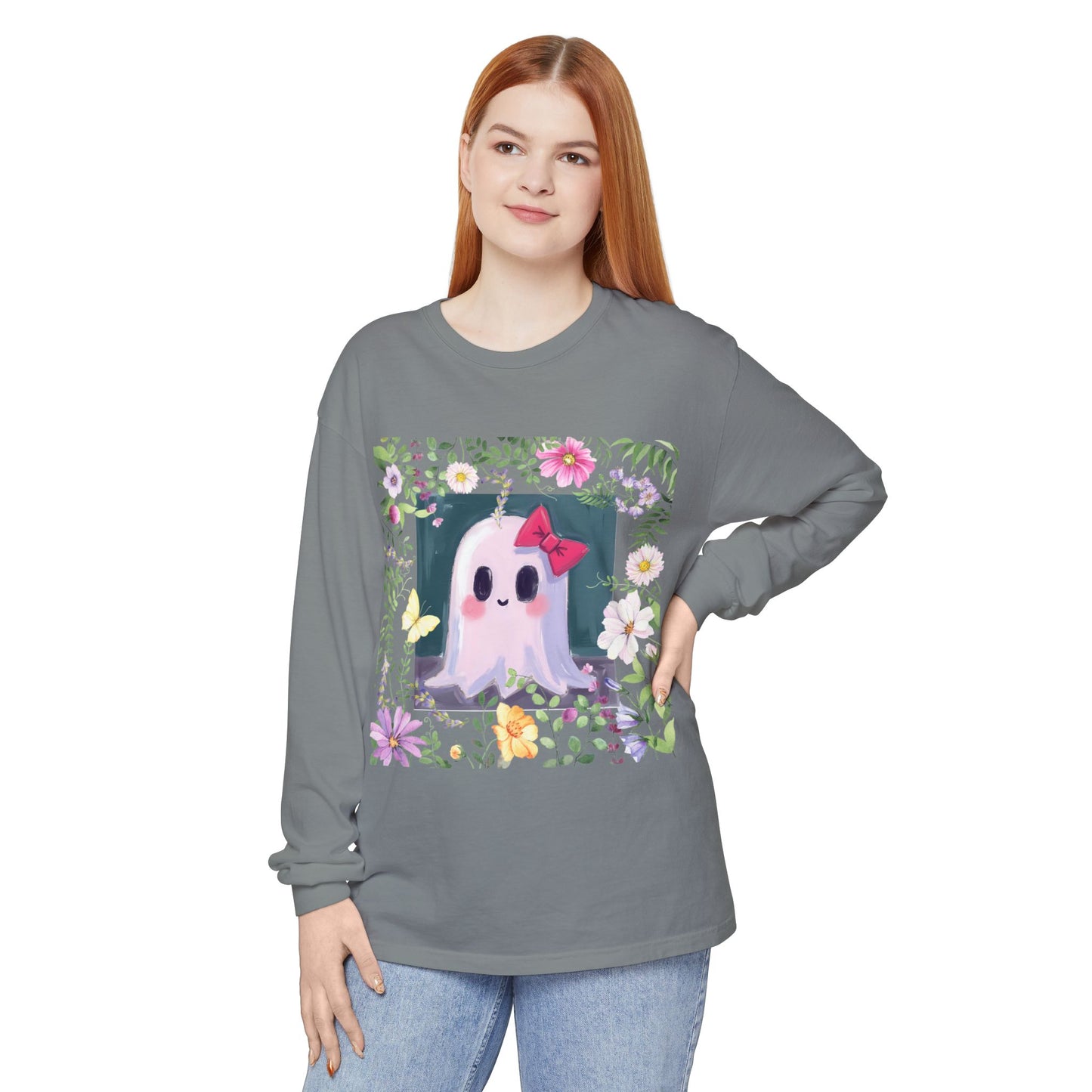 Cute Ghost Floral Long Sleeve T-Shirt, Unisex Halloween Tee, Fall Fashion, Gift for Ghost Lovers, Casual Wear, Spooky Season Apparel