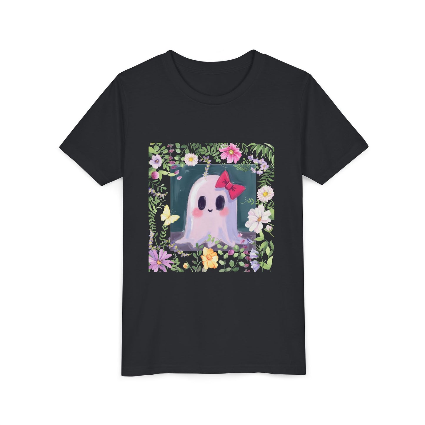 Cute Ghost Floral Youth Tee, Halloween Shirt, Kids Ghost T-Shirt, Cute Summer Tee, Gift for Kids, Youth Ghost Apparel