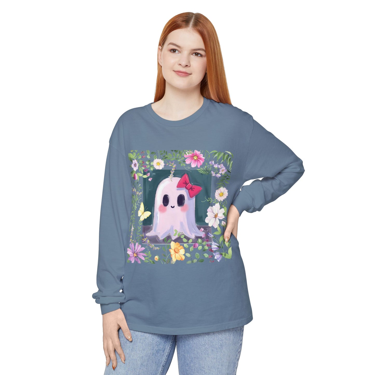 Cute Ghost Floral Long Sleeve T-Shirt, Unisex Halloween Tee, Fall Fashion, Gift for Ghost Lovers, Casual Wear, Spooky Season Apparel