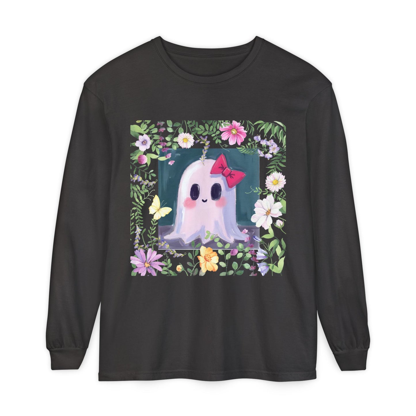 Cute Ghost Floral Long Sleeve T-Shirt, Unisex Halloween Tee, Fall Fashion, Gift for Ghost Lovers, Casual Wear, Spooky Season Apparel