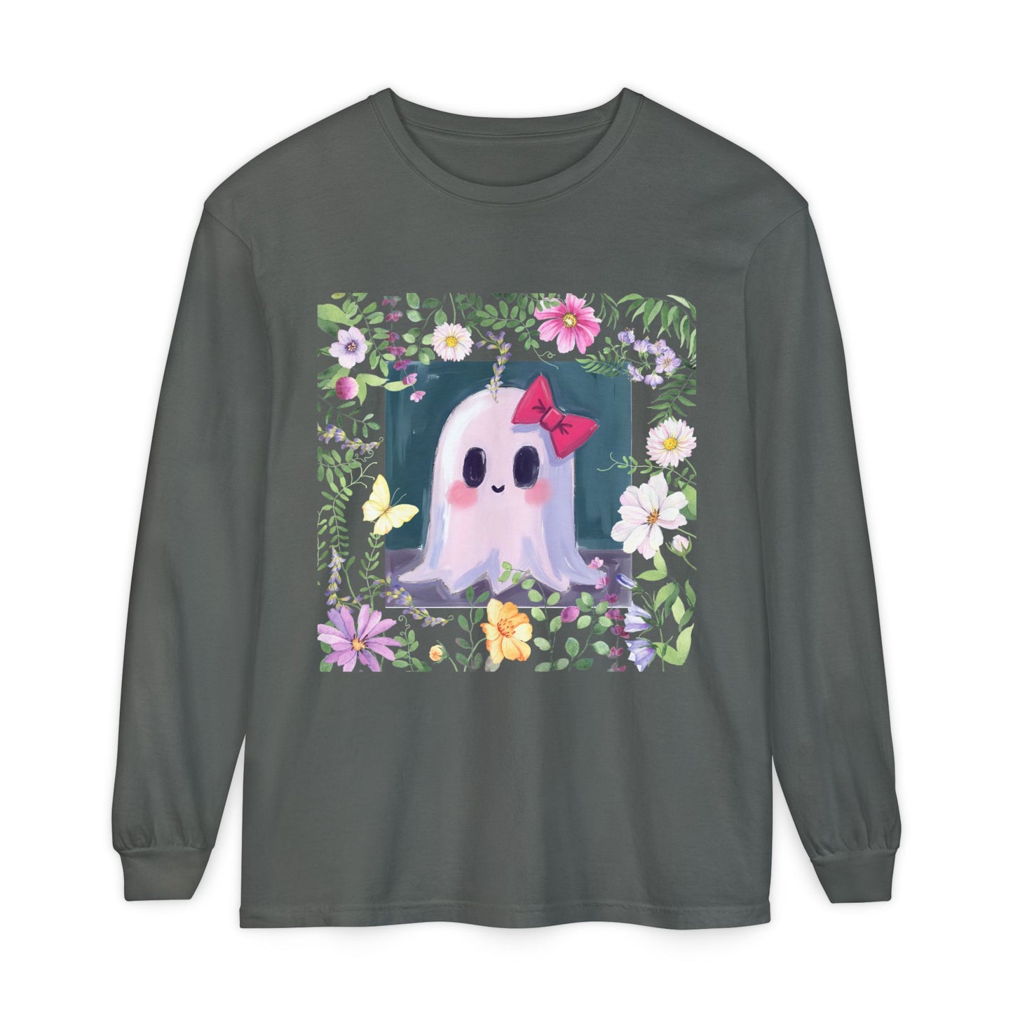 Cute Ghost Floral Long Sleeve T-Shirt, Unisex Halloween Tee, Fall Fashion, Gift for Ghost Lovers, Casual Wear, Spooky Season Apparel