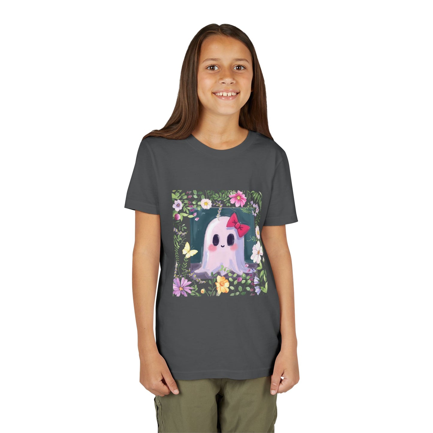 Cute Ghost Floral Youth Tee, Halloween Shirt, Kids Ghost T-Shirt, Cute Summer Tee, Gift for Kids, Youth Ghost Apparel