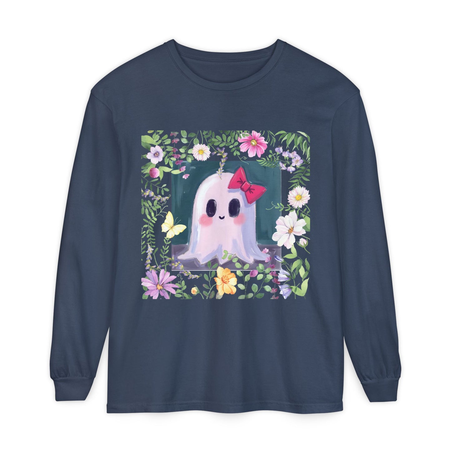 Cute Ghost Floral Long Sleeve T-Shirt, Unisex Halloween Tee, Fall Fashion, Gift for Ghost Lovers, Casual Wear, Spooky Season Apparel