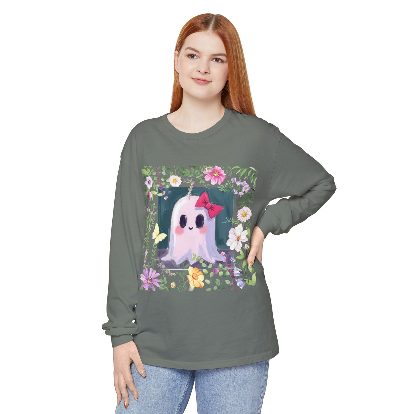 Cute Ghost Floral Long Sleeve T-Shirt, Unisex Halloween Tee, Fall Fashion, Gift for Ghost Lovers, Casual Wear, Spooky Season Apparel