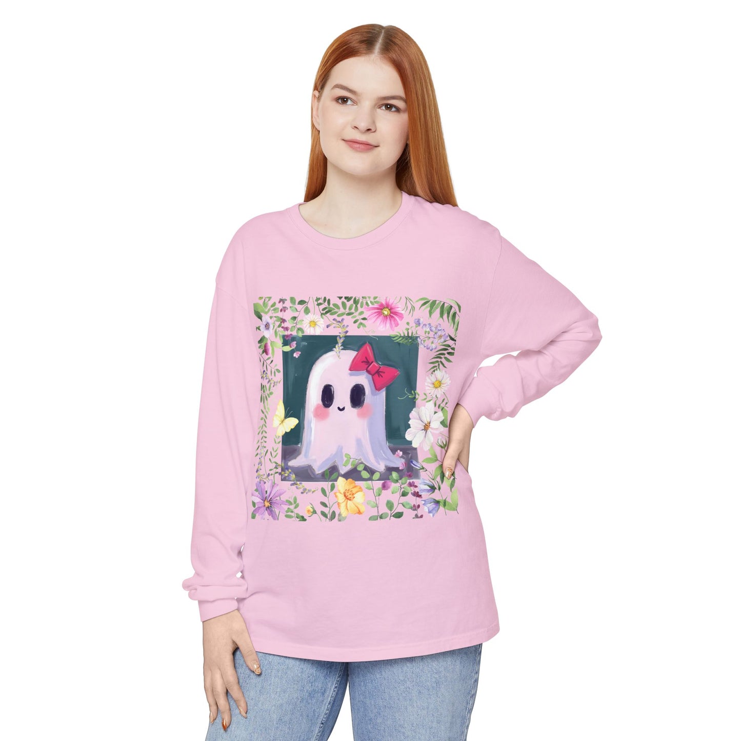 Cute Ghost Floral Long Sleeve T-Shirt, Unisex Halloween Tee, Fall Fashion, Gift for Ghost Lovers, Casual Wear, Spooky Season Apparel