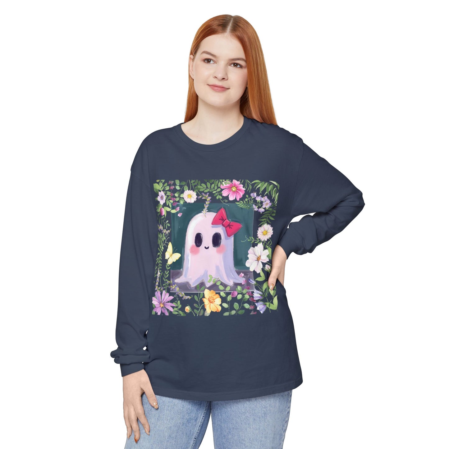 Cute Ghost Floral Long Sleeve T-Shirt, Unisex Halloween Tee, Fall Fashion, Gift for Ghost Lovers, Casual Wear, Spooky Season Apparel