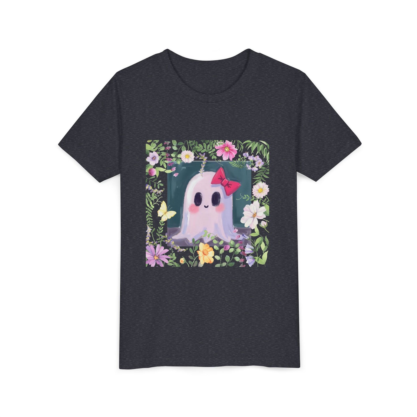 Cute Ghost Floral Youth Tee, Halloween Shirt, Kids Ghost T-Shirt, Cute Summer Tee, Gift for Kids, Youth Ghost Apparel