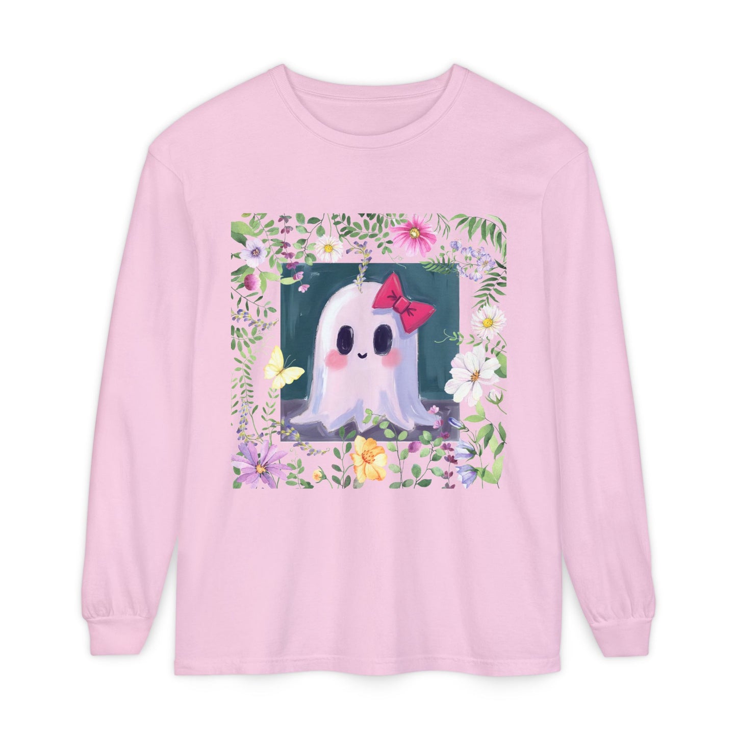 Cute Ghost Floral Long Sleeve T-Shirt, Unisex Halloween Tee, Fall Fashion, Gift for Ghost Lovers, Casual Wear, Spooky Season Apparel