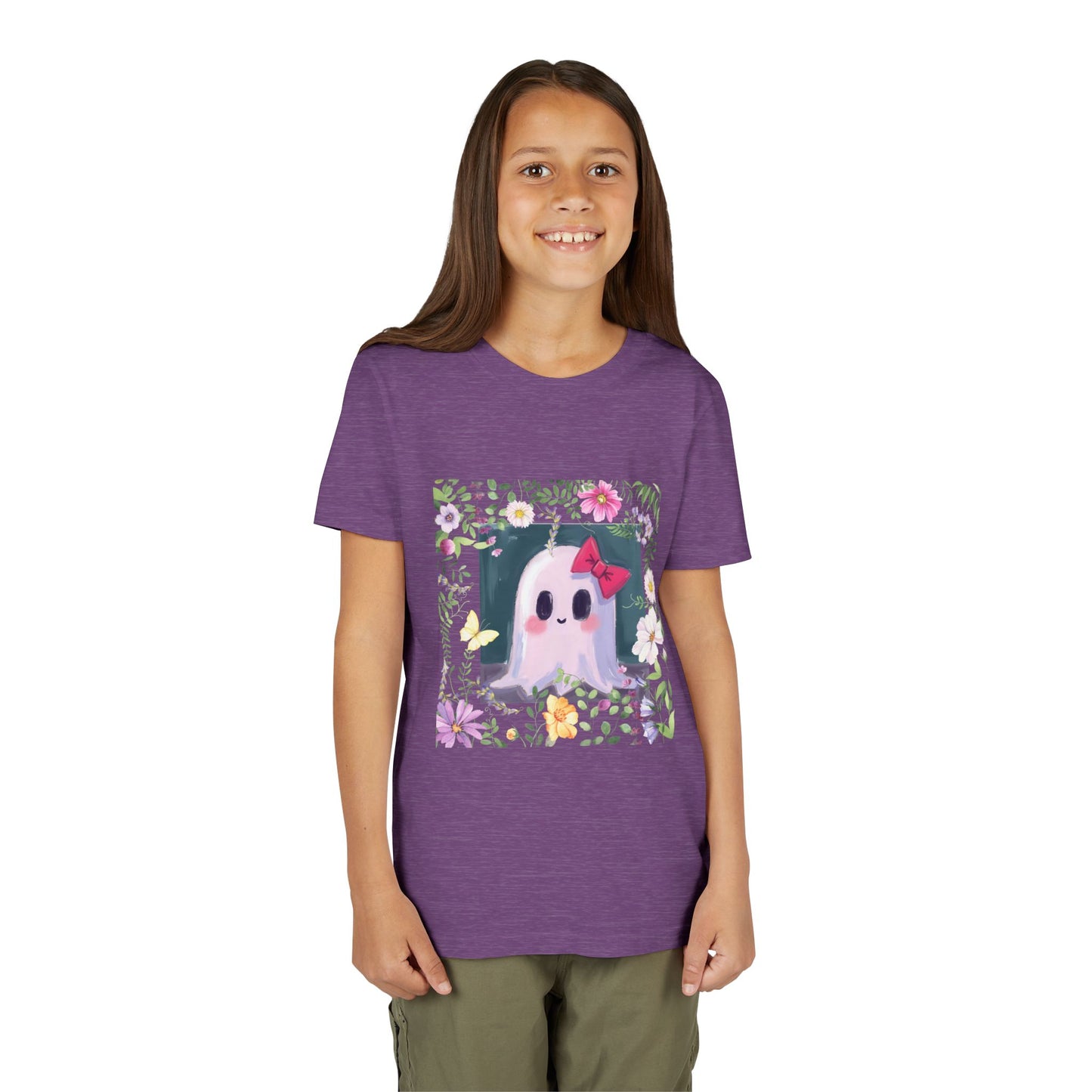 Cute Ghost Floral Youth Tee, Halloween Shirt, Kids Ghost T-Shirt, Cute Summer Tee, Gift for Kids, Youth Ghost Apparel