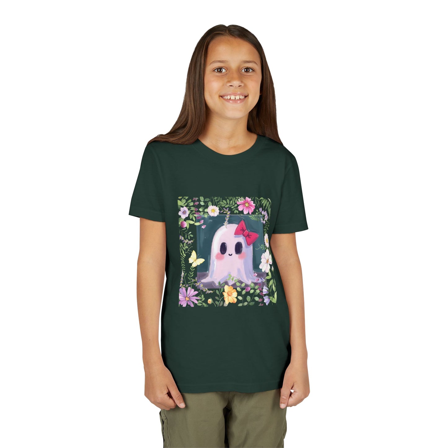 Cute Ghost Floral Youth Tee, Halloween Shirt, Kids Ghost T-Shirt, Cute Summer Tee, Gift for Kids, Youth Ghost Apparel