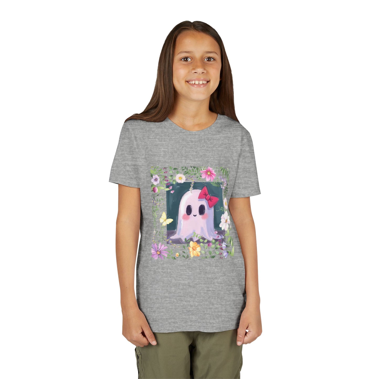 Cute Ghost Floral Youth Tee, Halloween Shirt, Kids Ghost T-Shirt, Cute Summer Tee, Gift for Kids, Youth Ghost Apparel