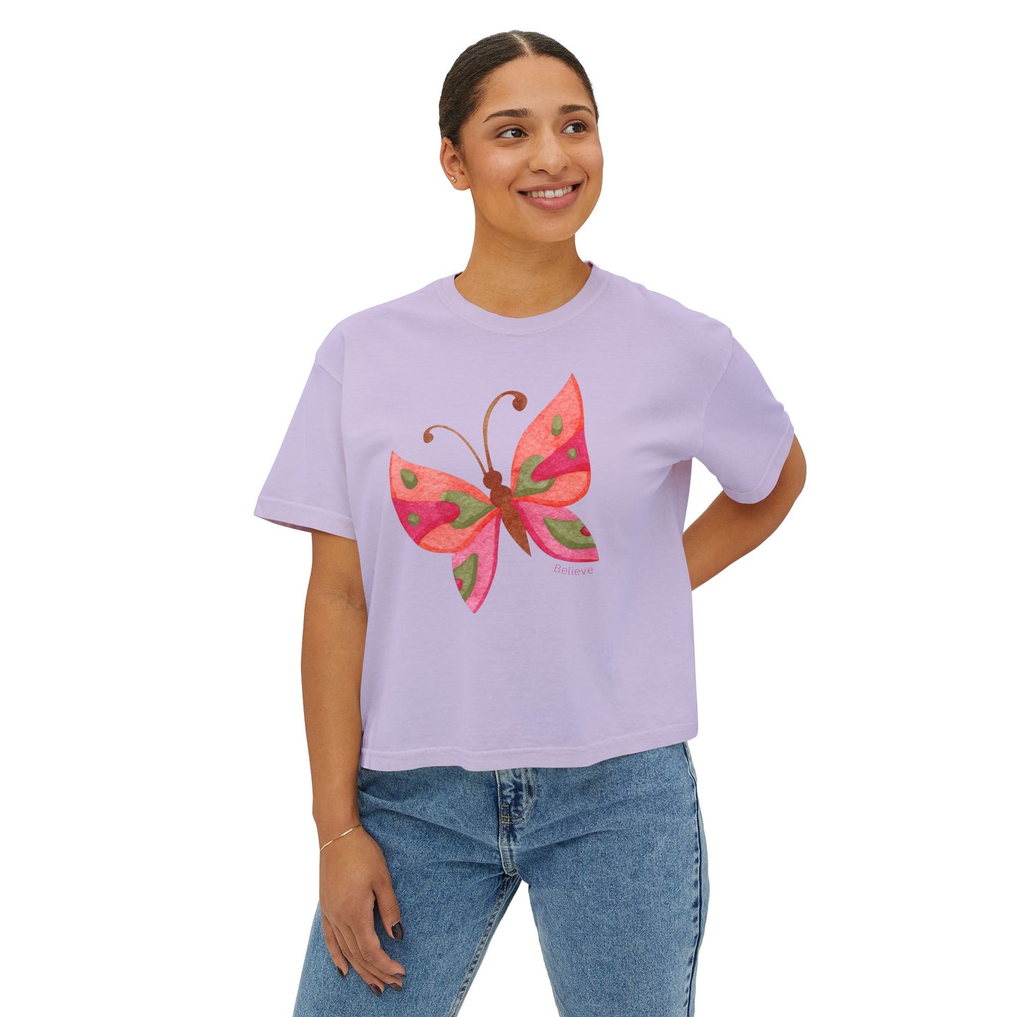 Butterfly Design Women's Boxy Tee - 'Believe' Inspirational Tee