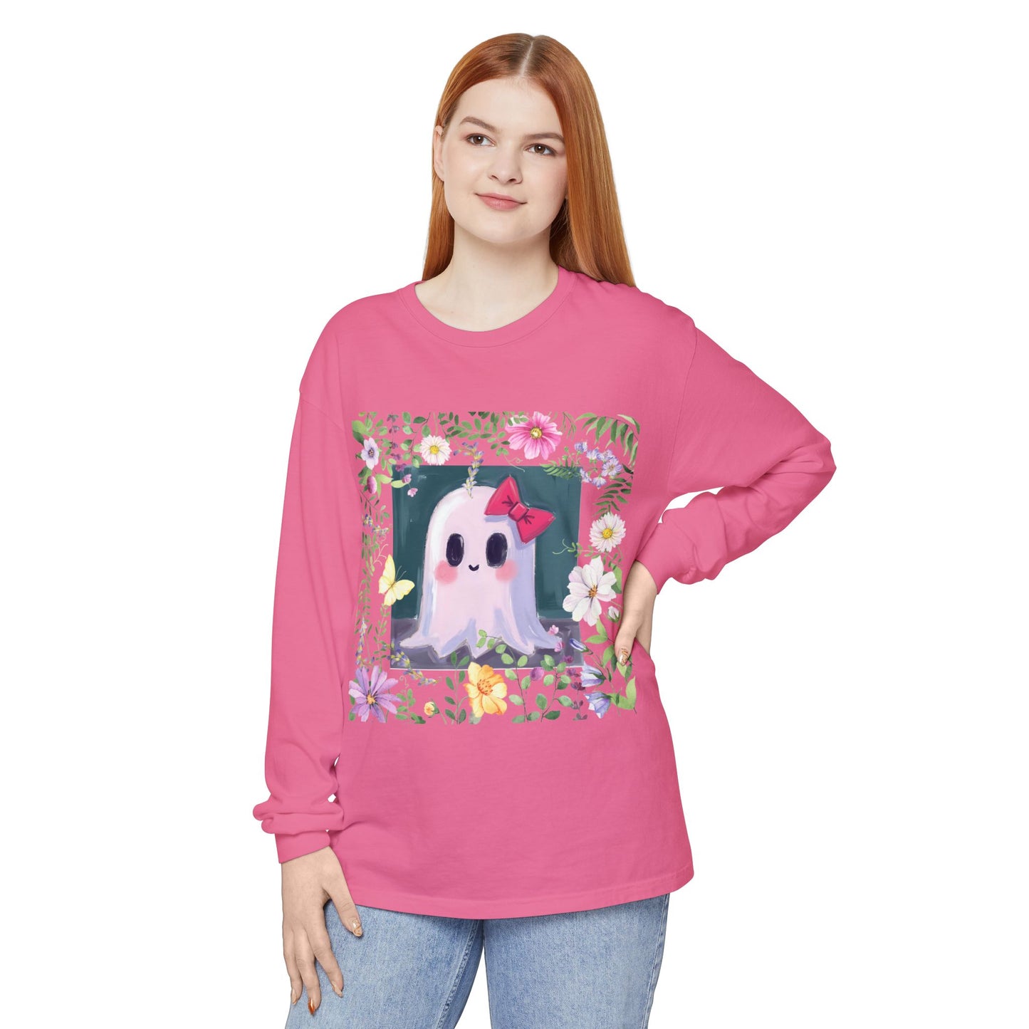 Cute Ghost Floral Long Sleeve T-Shirt, Unisex Halloween Tee, Fall Fashion, Gift for Ghost Lovers, Casual Wear, Spooky Season Apparel