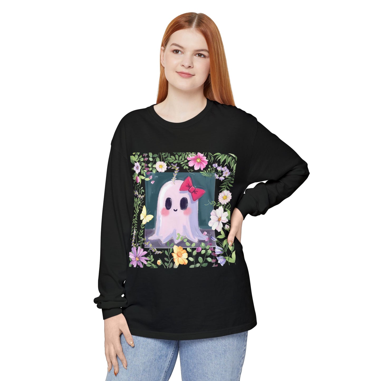 Cute Ghost Floral Long Sleeve T-Shirt, Unisex Halloween Tee, Fall Fashion, Gift for Ghost Lovers, Casual Wear, Spooky Season Apparel