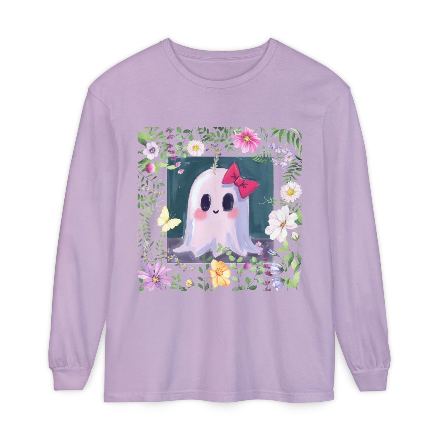 Cute Ghost Floral Long Sleeve T-Shirt, Unisex Halloween Tee, Fall Fashion, Gift for Ghost Lovers, Casual Wear, Spooky Season Apparel