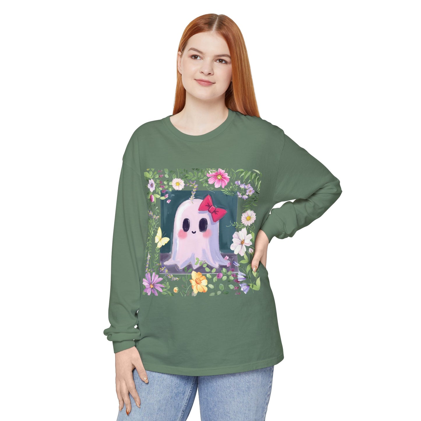 Cute Ghost Floral Long Sleeve T-Shirt, Unisex Halloween Tee, Fall Fashion, Gift for Ghost Lovers, Casual Wear, Spooky Season Apparel