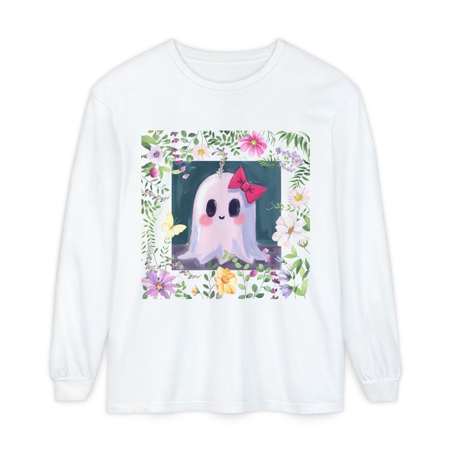 Cute Ghost Floral Long Sleeve T-Shirt, Unisex Halloween Tee, Fall Fashion, Gift for Ghost Lovers, Casual Wear, Spooky Season Apparel