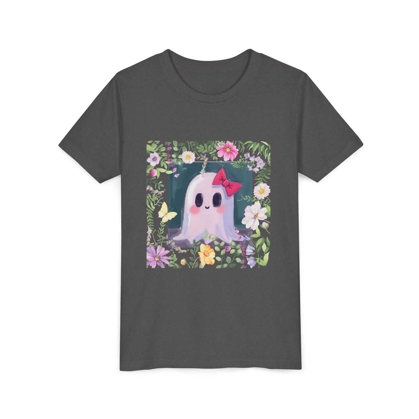 Cute Ghost Floral Youth Tee, Halloween Shirt, Kids Ghost T-Shirt, Cute Summer Tee, Gift for Kids, Youth Ghost Apparel