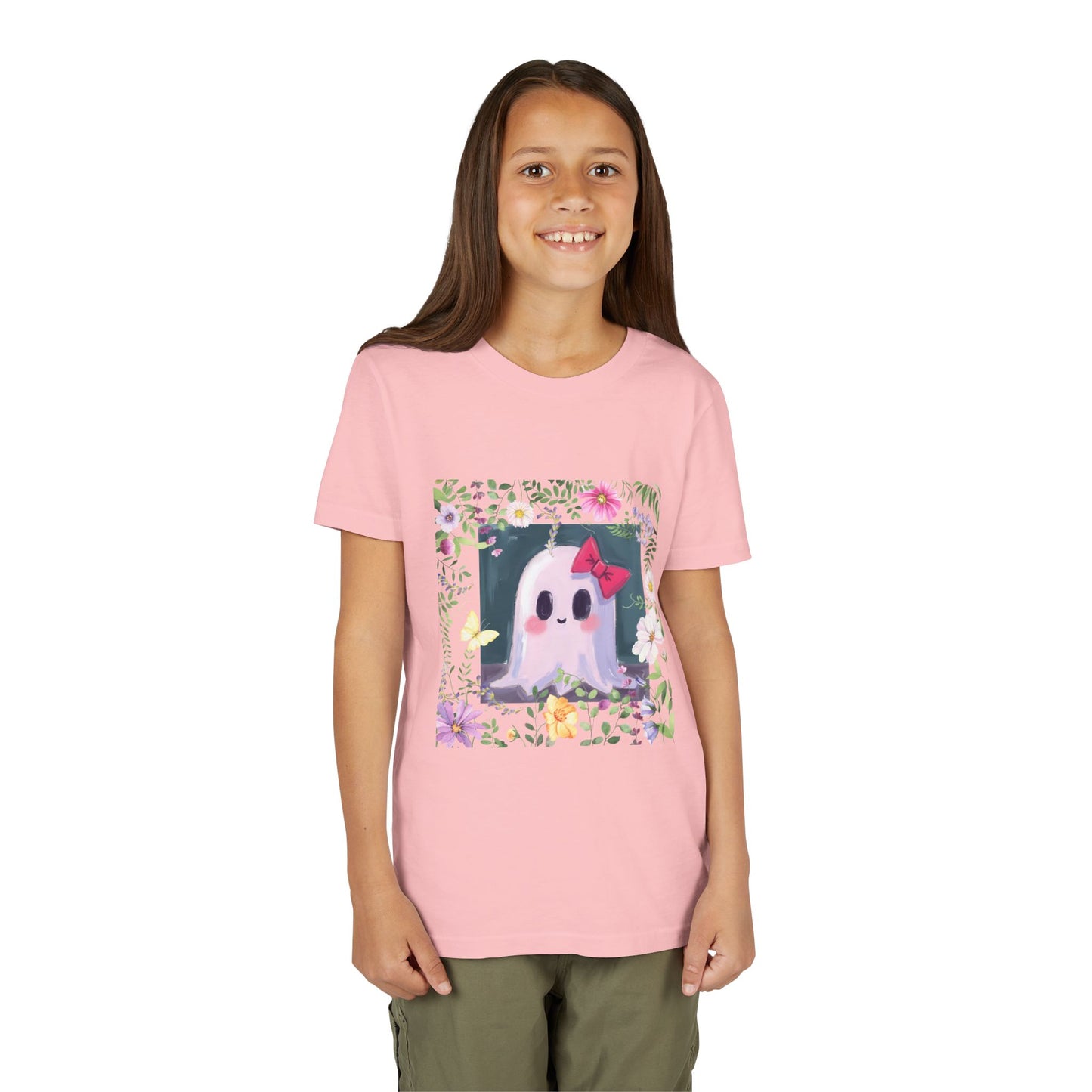 Cute Ghost Floral Youth Tee, Halloween Shirt, Kids Ghost T-Shirt, Cute Summer Tee, Gift for Kids, Youth Ghost Apparel