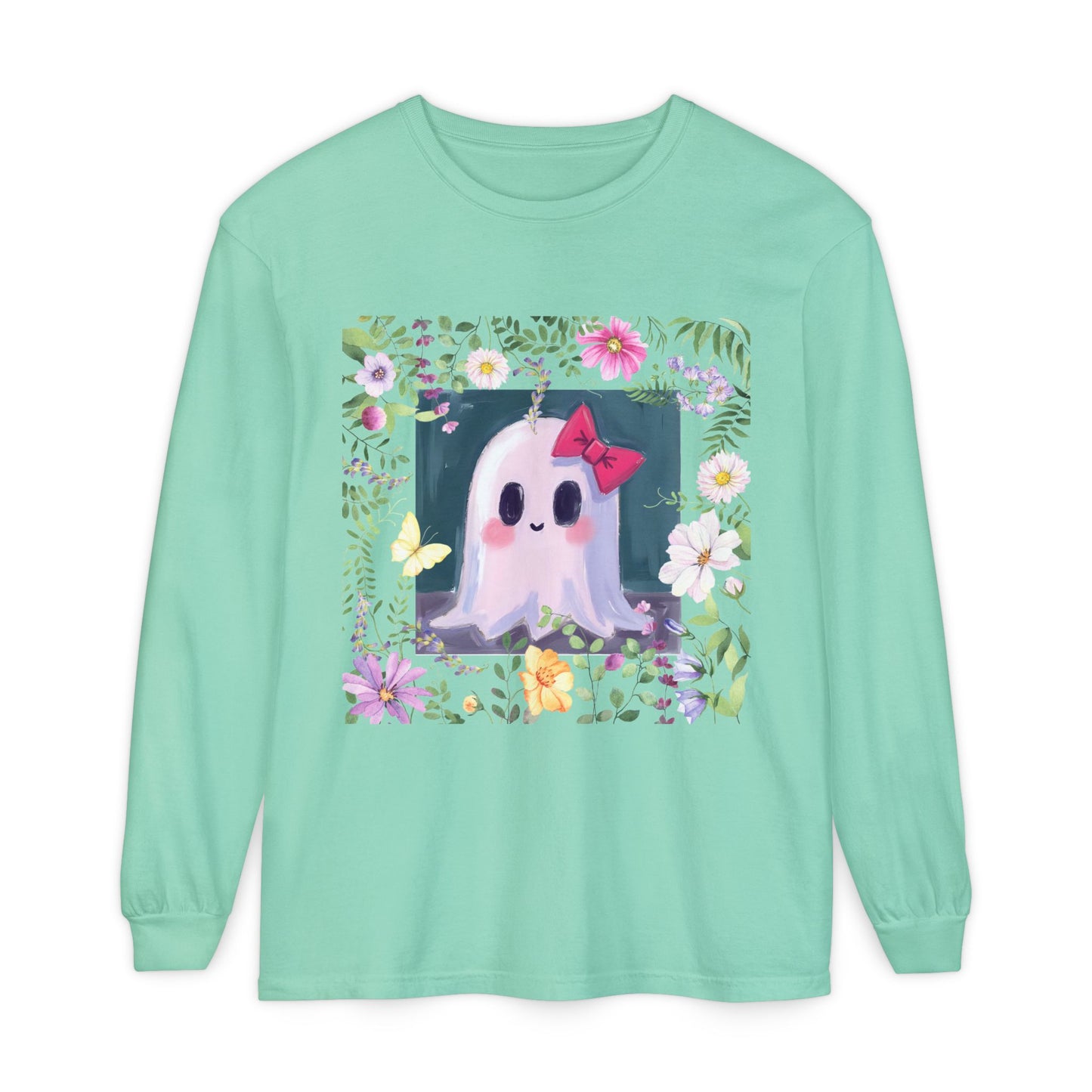 Cute Ghost Floral Long Sleeve T-Shirt, Unisex Halloween Tee, Fall Fashion, Gift for Ghost Lovers, Casual Wear, Spooky Season Apparel