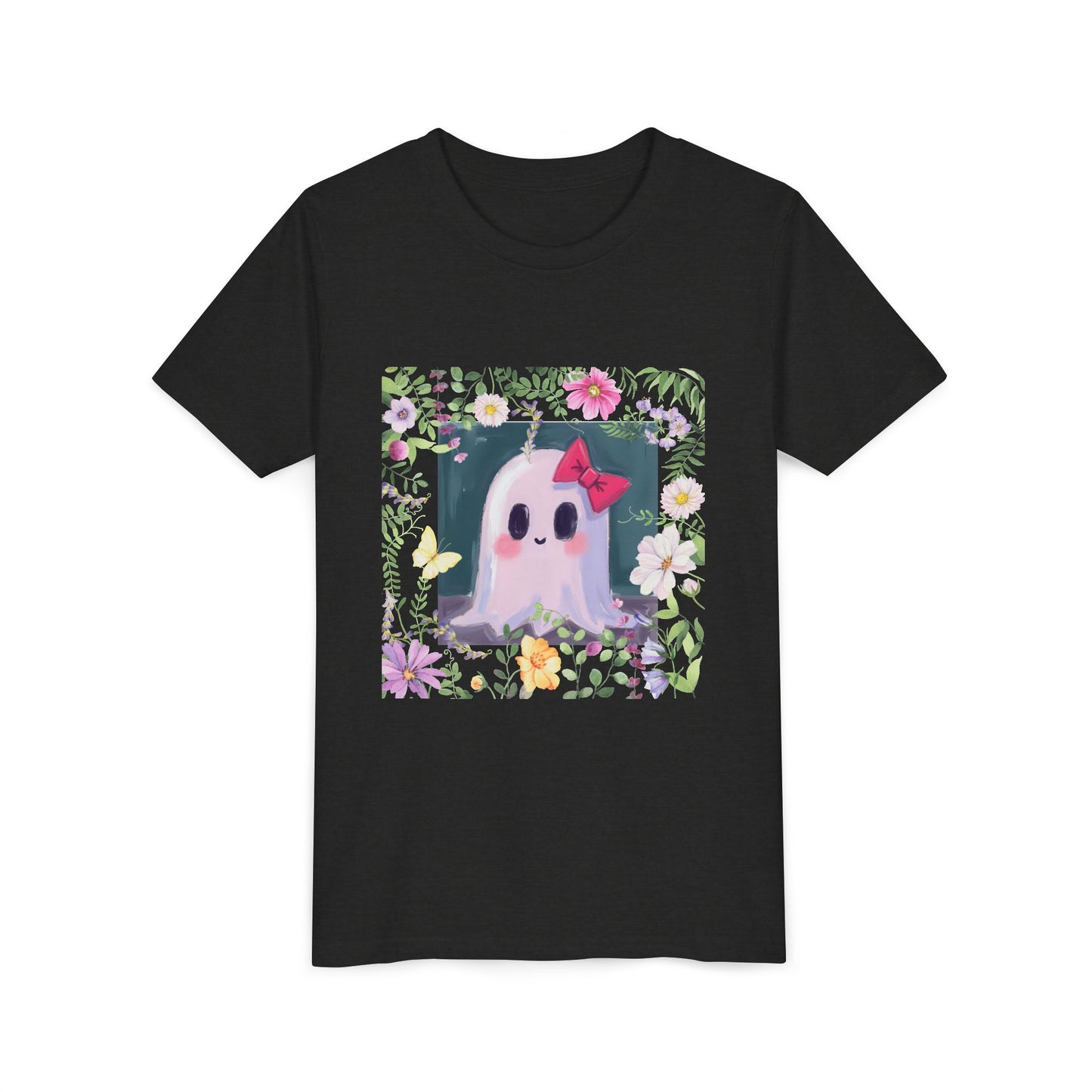 Cute Ghost Floral Youth Tee, Halloween Shirt, Kids Ghost T-Shirt, Cute Summer Tee, Gift for Kids, Youth Ghost Apparel