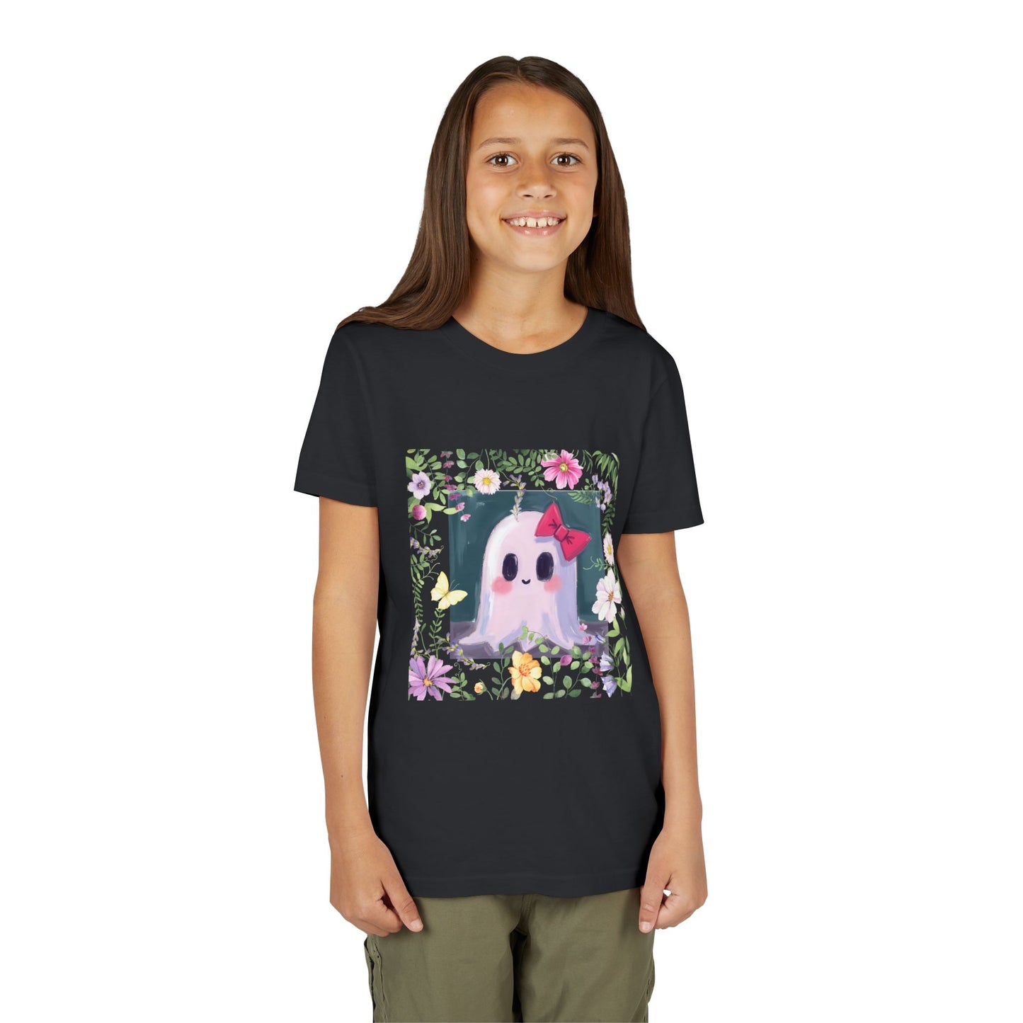 Cute Ghost Floral Youth Tee, Halloween Shirt, Kids Ghost T-Shirt, Cute Summer Tee, Gift for Kids, Youth Ghost Apparel