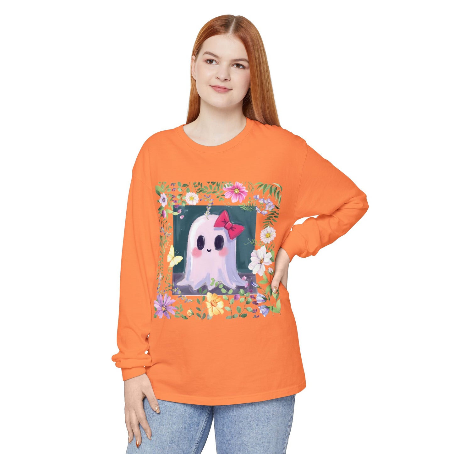 Cute Ghost Floral Long Sleeve T-Shirt, Unisex Halloween Tee, Fall Fashion, Gift for Ghost Lovers, Casual Wear, Spooky Season Apparel