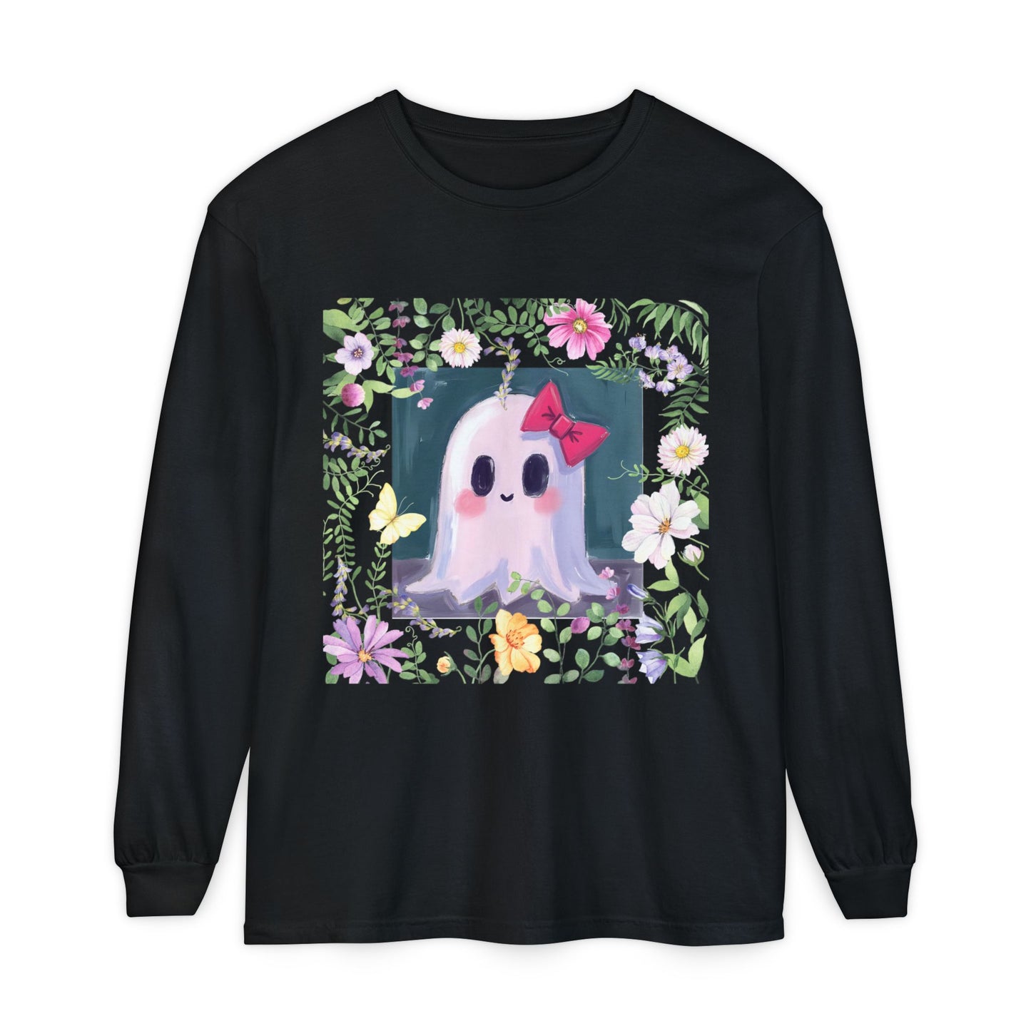 Cute Ghost Floral Long Sleeve T-Shirt, Unisex Halloween Tee, Fall Fashion, Gift for Ghost Lovers, Casual Wear, Spooky Season Apparel