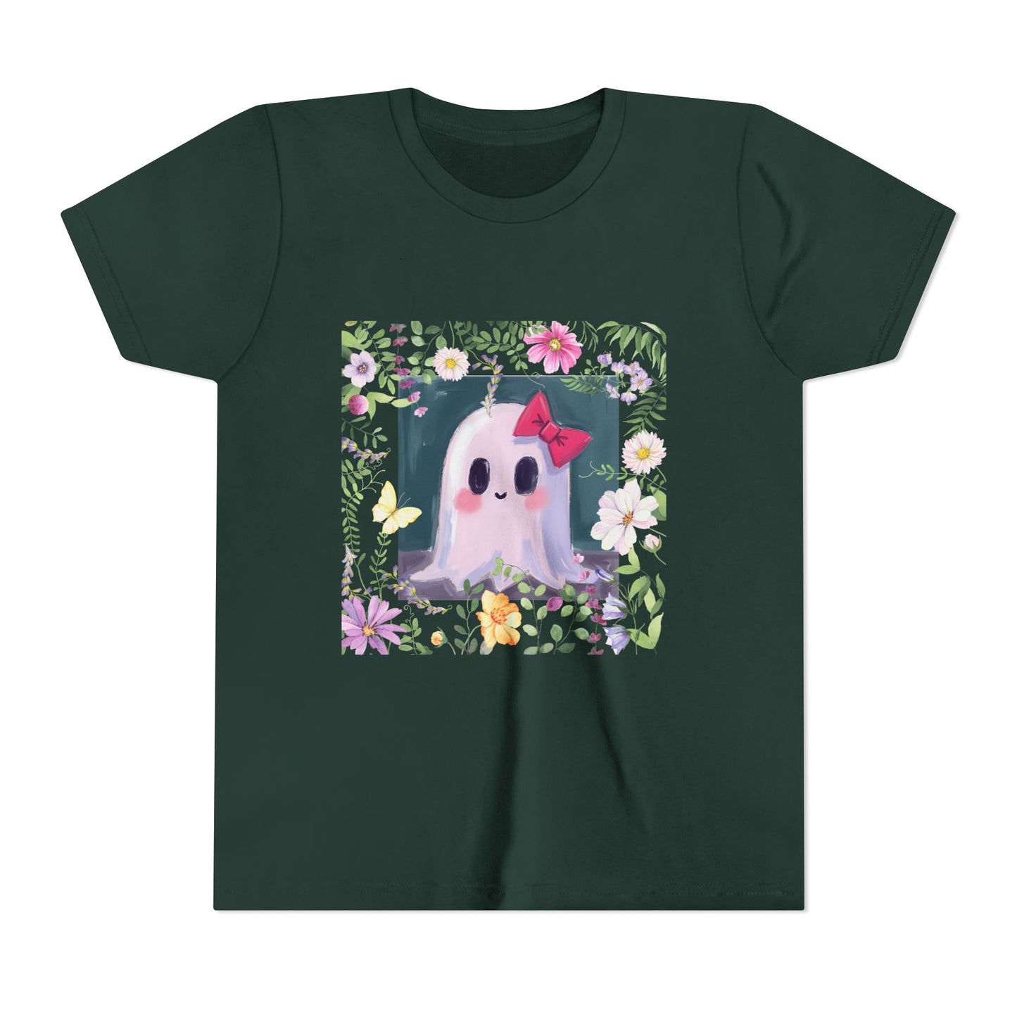 Cute Ghost Floral Youth Tee, Halloween Shirt, Kids Ghost T-Shirt, Cute Summer Tee, Gift for Kids, Youth Ghost Apparel