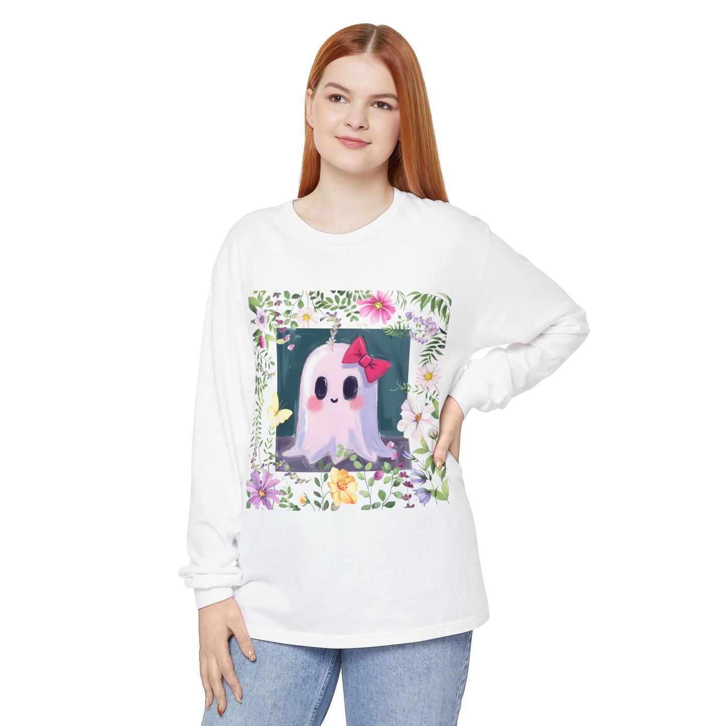 Cute Ghost Floral Long Sleeve T-Shirt, Unisex Halloween Tee, Fall Fashion, Gift for Ghost Lovers, Casual Wear, Spooky Season Apparel