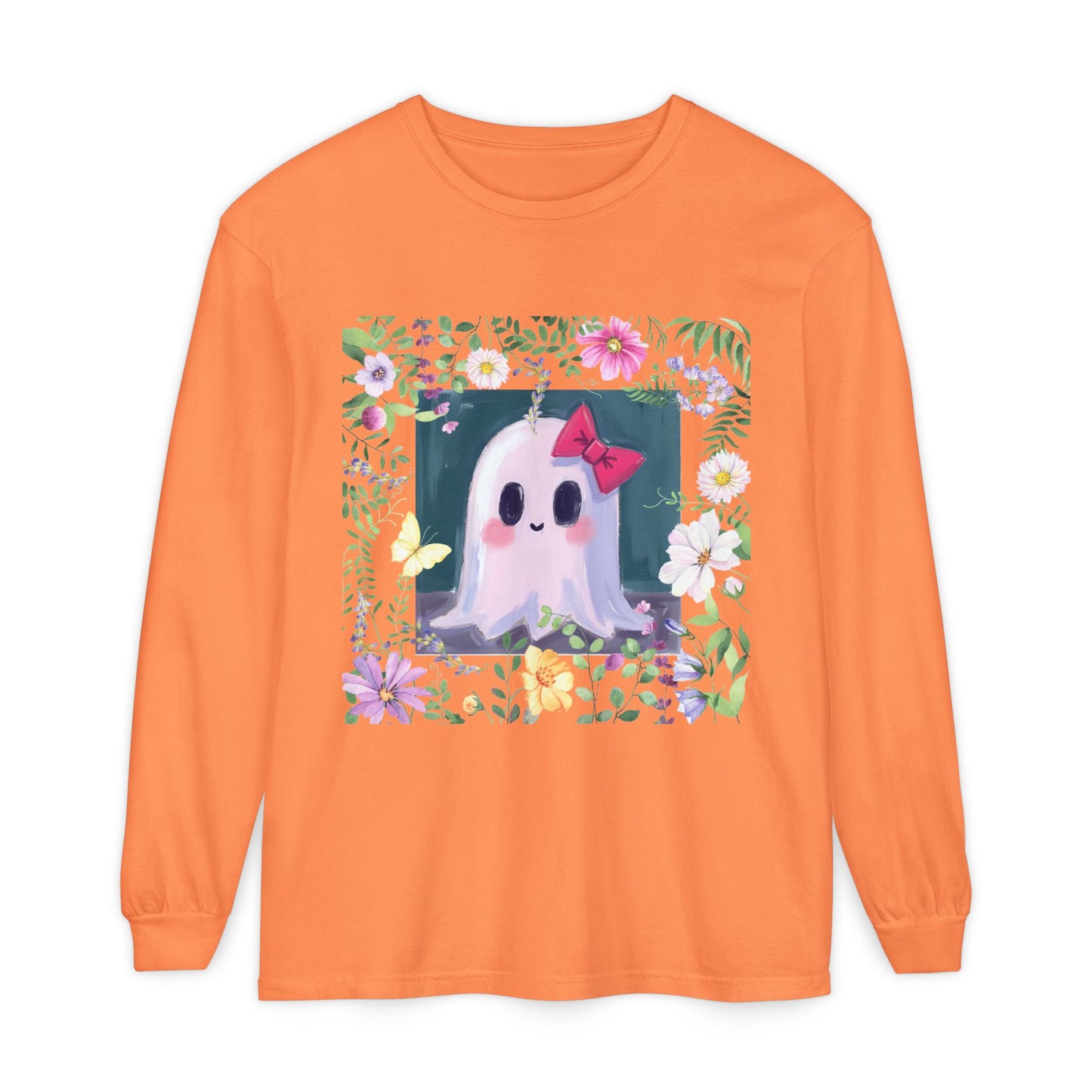 Cute Ghost Floral Long Sleeve T-Shirt, Unisex Halloween Tee, Fall Fashion, Gift for Ghost Lovers, Casual Wear, Spooky Season Apparel