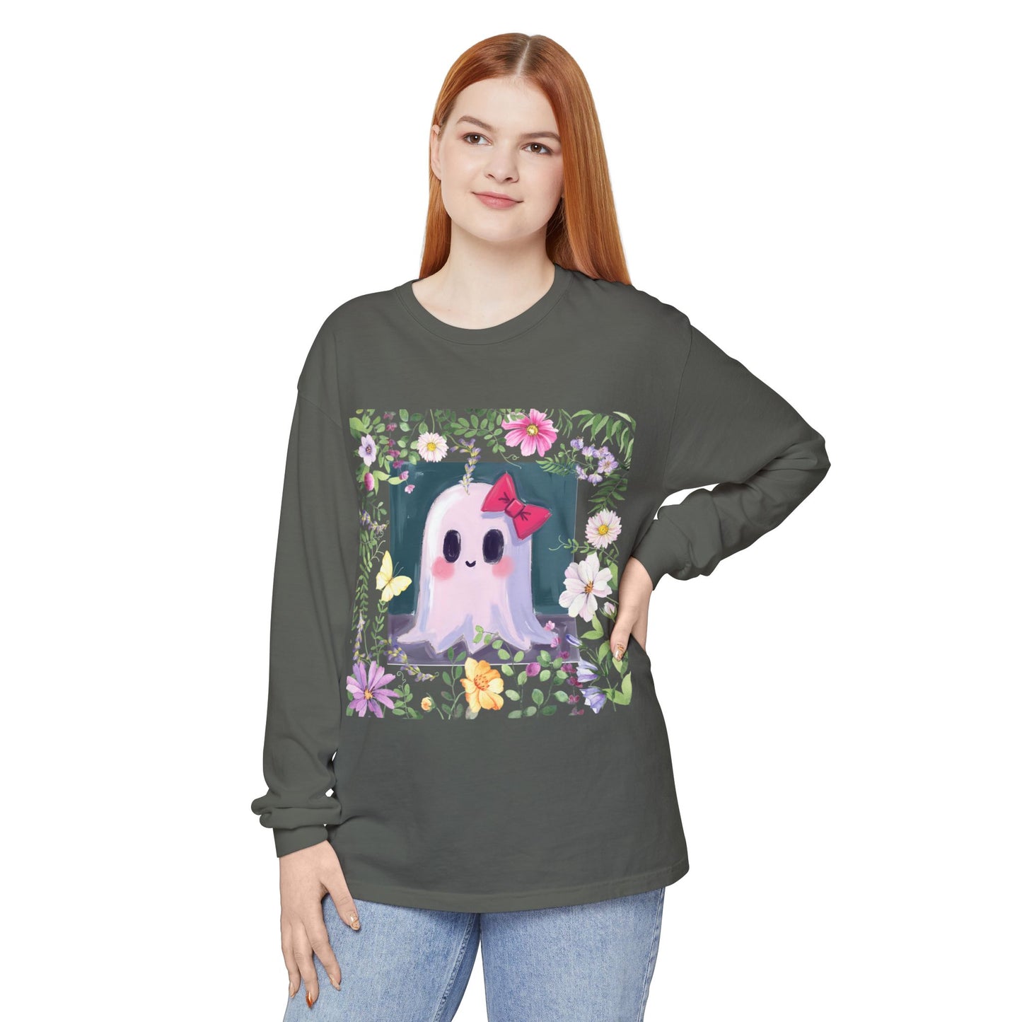 Cute Ghost Floral Long Sleeve T-Shirt, Unisex Halloween Tee, Fall Fashion, Gift for Ghost Lovers, Casual Wear, Spooky Season Apparel