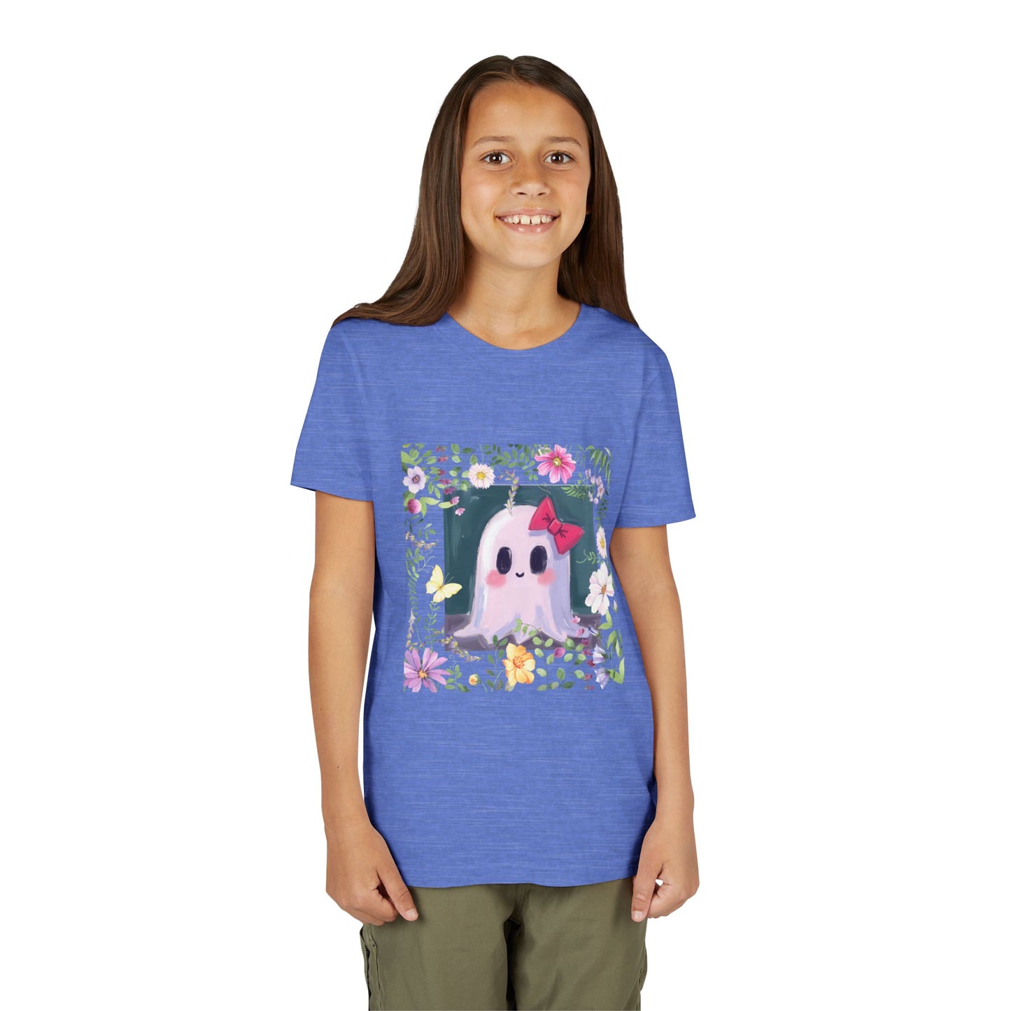 Cute Ghost Floral Youth Tee, Halloween Shirt, Kids Ghost T-Shirt, Cute Summer Tee, Gift for Kids, Youth Ghost Apparel