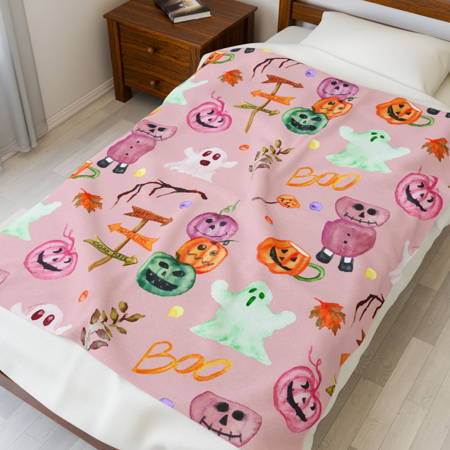 Pink O'ween Velveteen Plush Blanket- Halloween