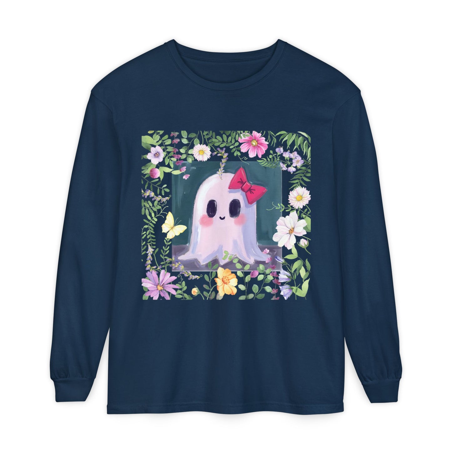 Cute Ghost Floral Long Sleeve T-Shirt, Unisex Halloween Tee, Fall Fashion, Gift for Ghost Lovers, Casual Wear, Spooky Season Apparel