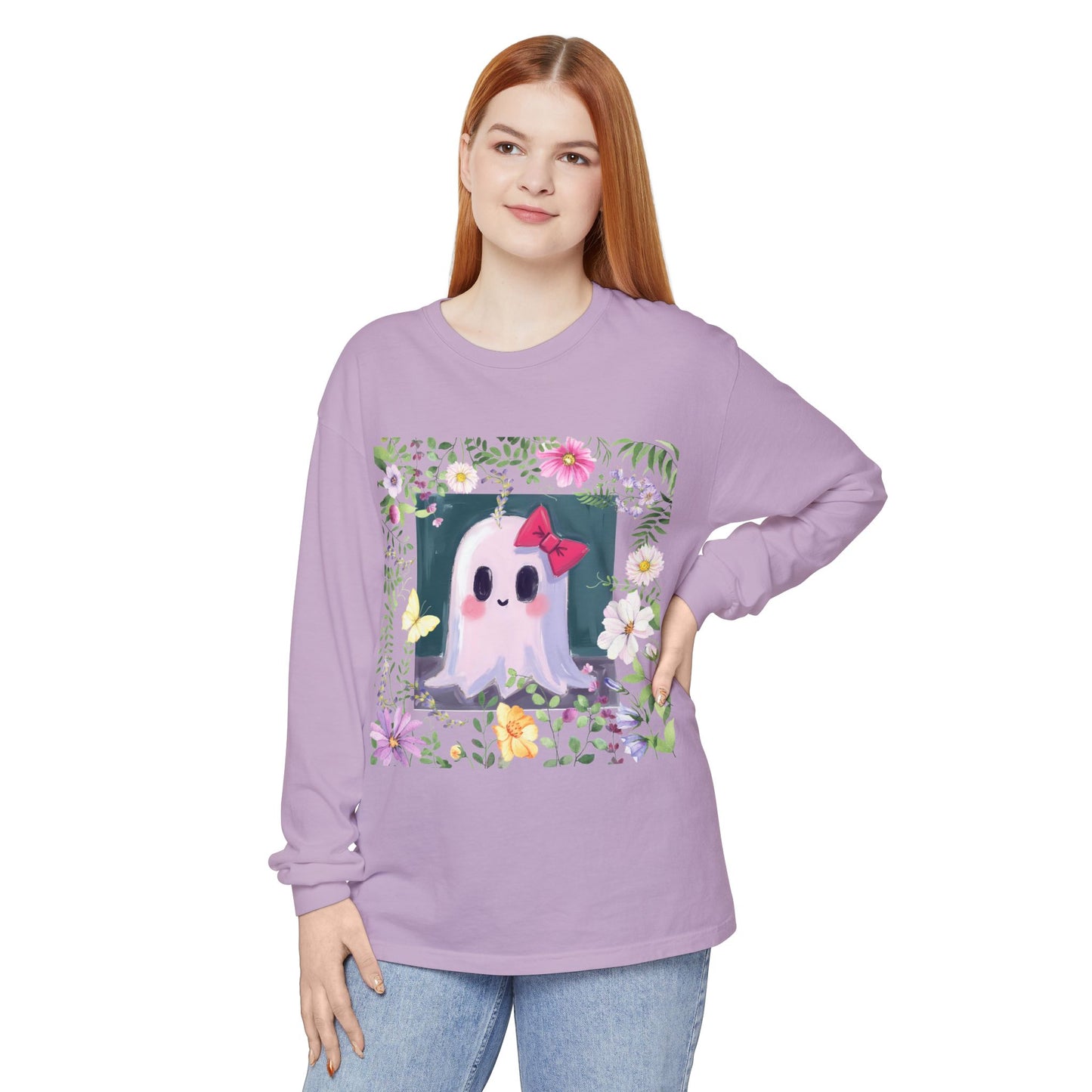 Cute Ghost Floral Long Sleeve T-Shirt, Unisex Halloween Tee, Fall Fashion, Gift for Ghost Lovers, Casual Wear, Spooky Season Apparel