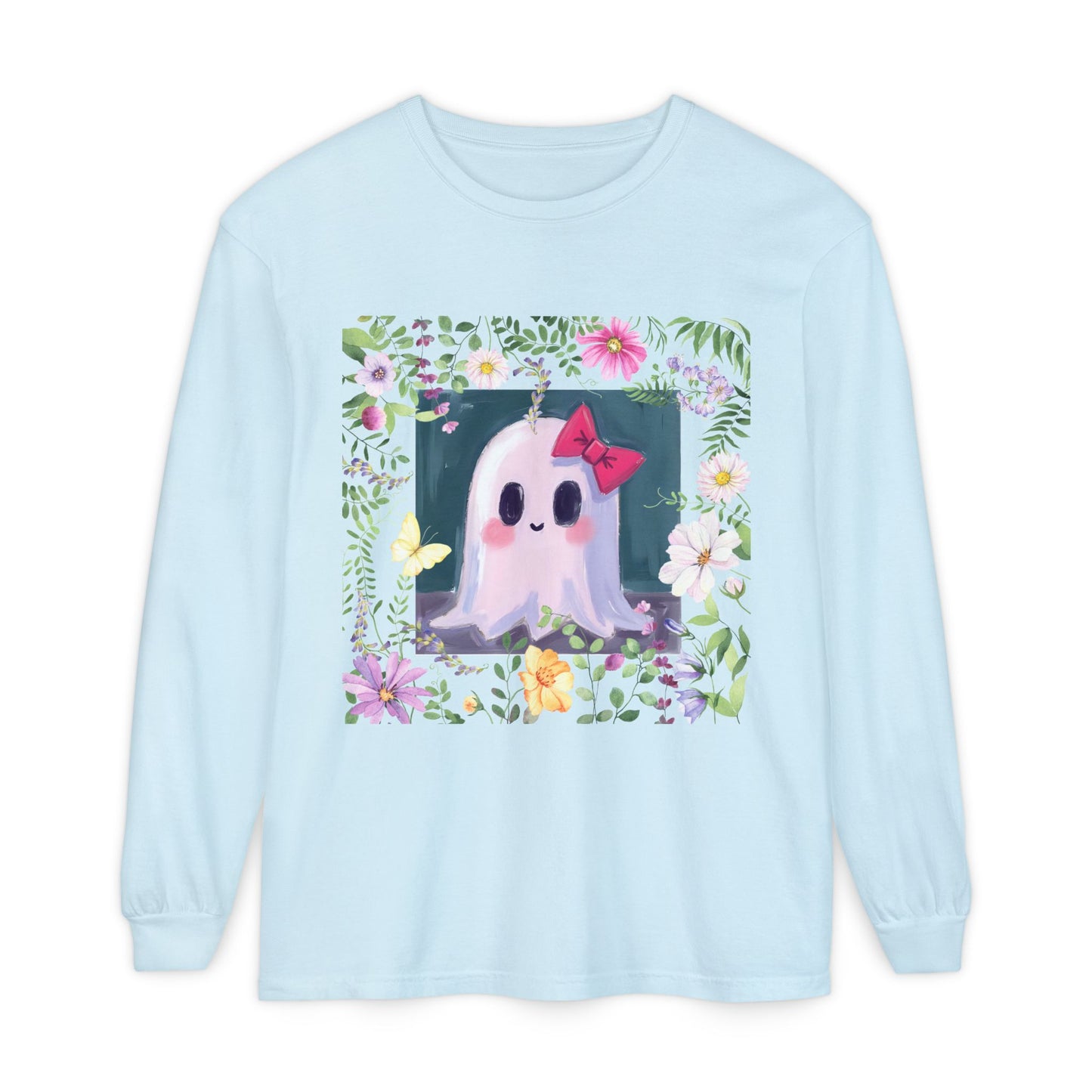 Cute Ghost Floral Long Sleeve T-Shirt, Unisex Halloween Tee, Fall Fashion, Gift for Ghost Lovers, Casual Wear, Spooky Season Apparel