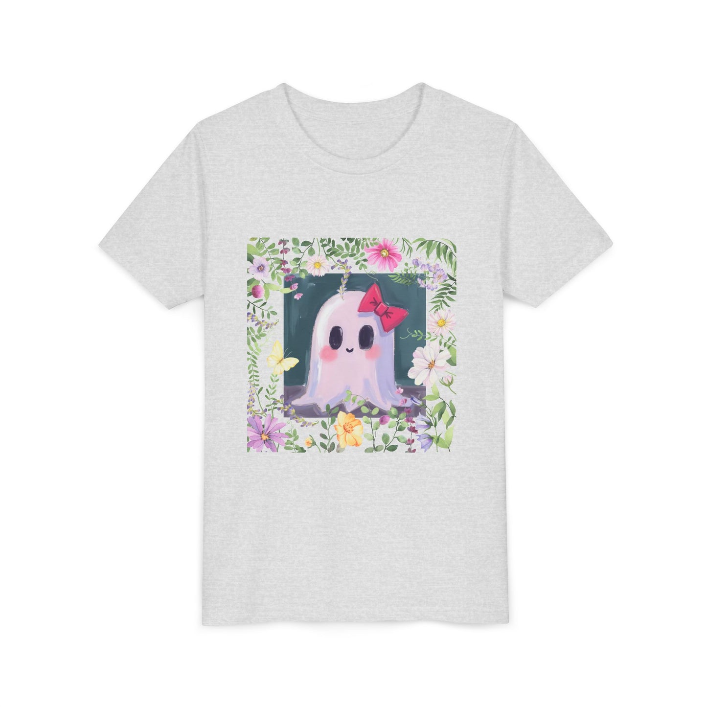 Cute Ghost Floral Youth Tee, Halloween Shirt, Kids Ghost T-Shirt, Cute Summer Tee, Gift for Kids, Youth Ghost Apparel