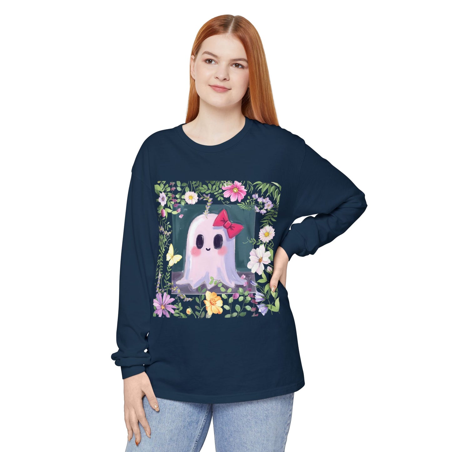 Cute Ghost Floral Long Sleeve T-Shirt, Unisex Halloween Tee, Fall Fashion, Gift for Ghost Lovers, Casual Wear, Spooky Season Apparel