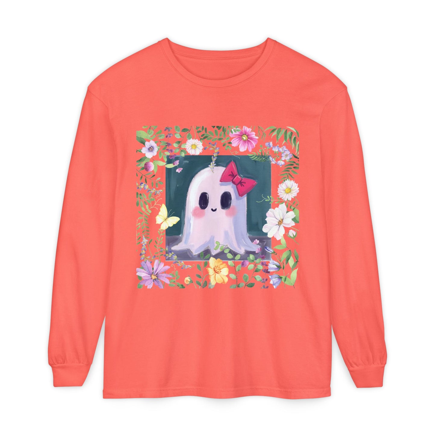 Cute Ghost Floral Long Sleeve T-Shirt, Unisex Halloween Tee, Fall Fashion, Gift for Ghost Lovers, Casual Wear, Spooky Season Apparel