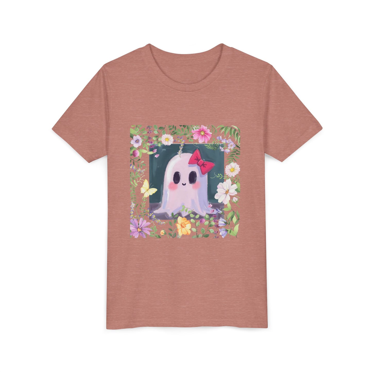 Cute Ghost Floral Youth Tee, Halloween Shirt, Kids Ghost T-Shirt, Cute Summer Tee, Gift for Kids, Youth Ghost Apparel