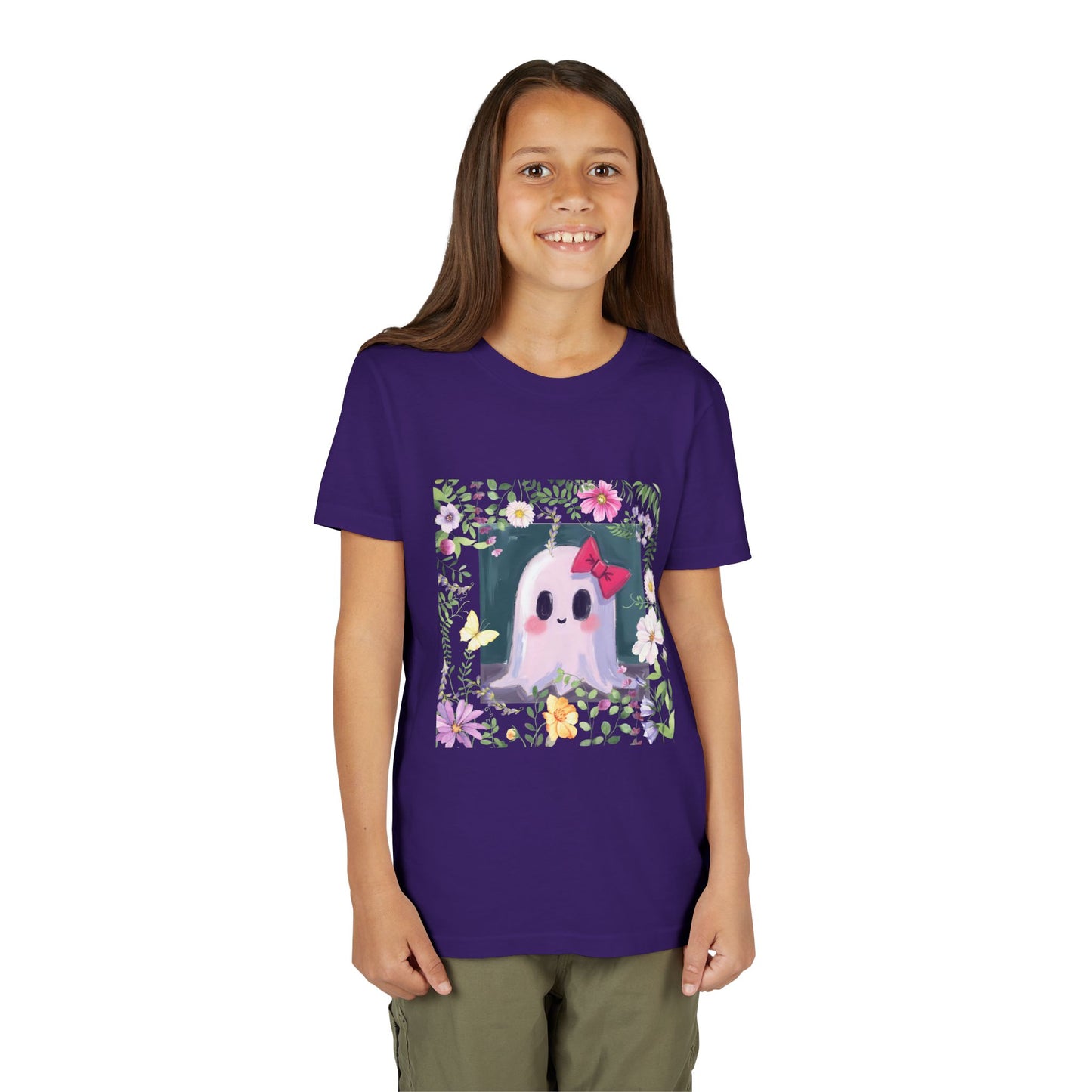 Cute Ghost Floral Youth Tee, Halloween Shirt, Kids Ghost T-Shirt, Cute Summer Tee, Gift for Kids, Youth Ghost Apparel