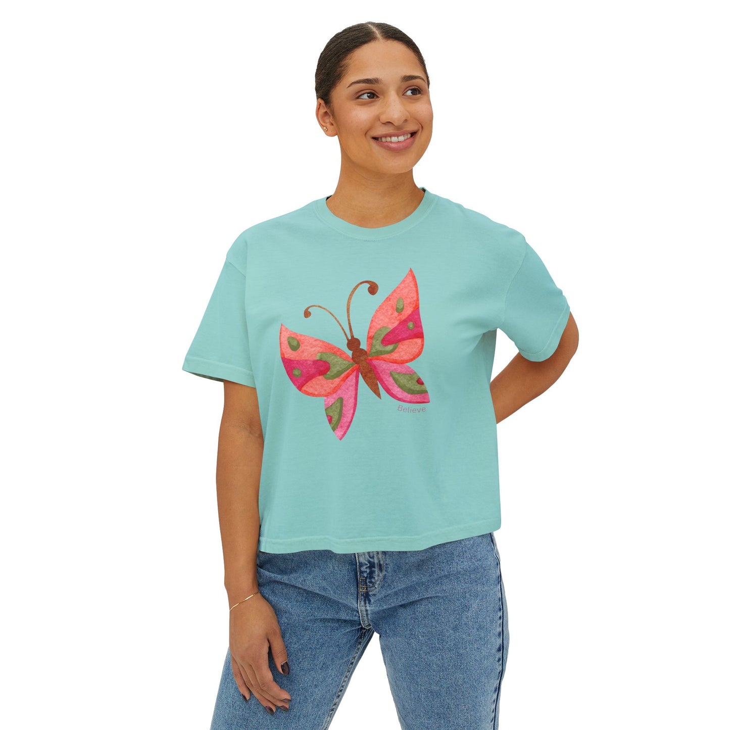 Butterfly Design Women's Boxy Tee - 'Believe' Inspirational Tee