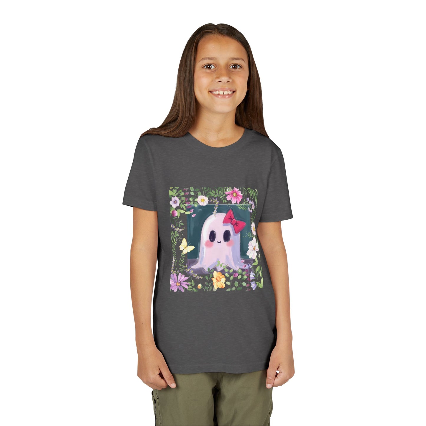 Cute Ghost Floral Youth Tee, Halloween Shirt, Kids Ghost T-Shirt, Cute Summer Tee, Gift for Kids, Youth Ghost Apparel
