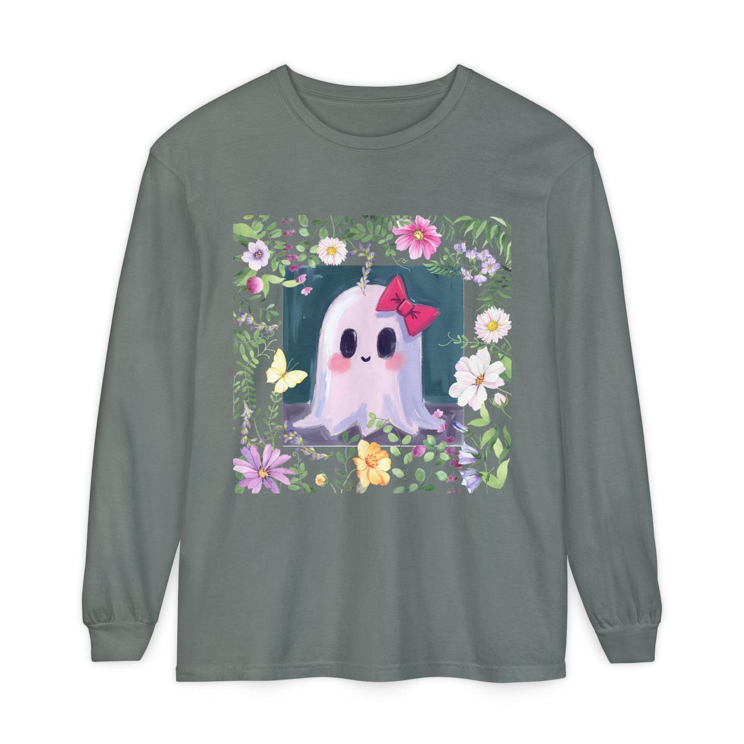 Cute Ghost Floral Long Sleeve T-Shirt, Unisex Halloween Tee, Fall Fashion, Gift for Ghost Lovers, Casual Wear, Spooky Season Apparel