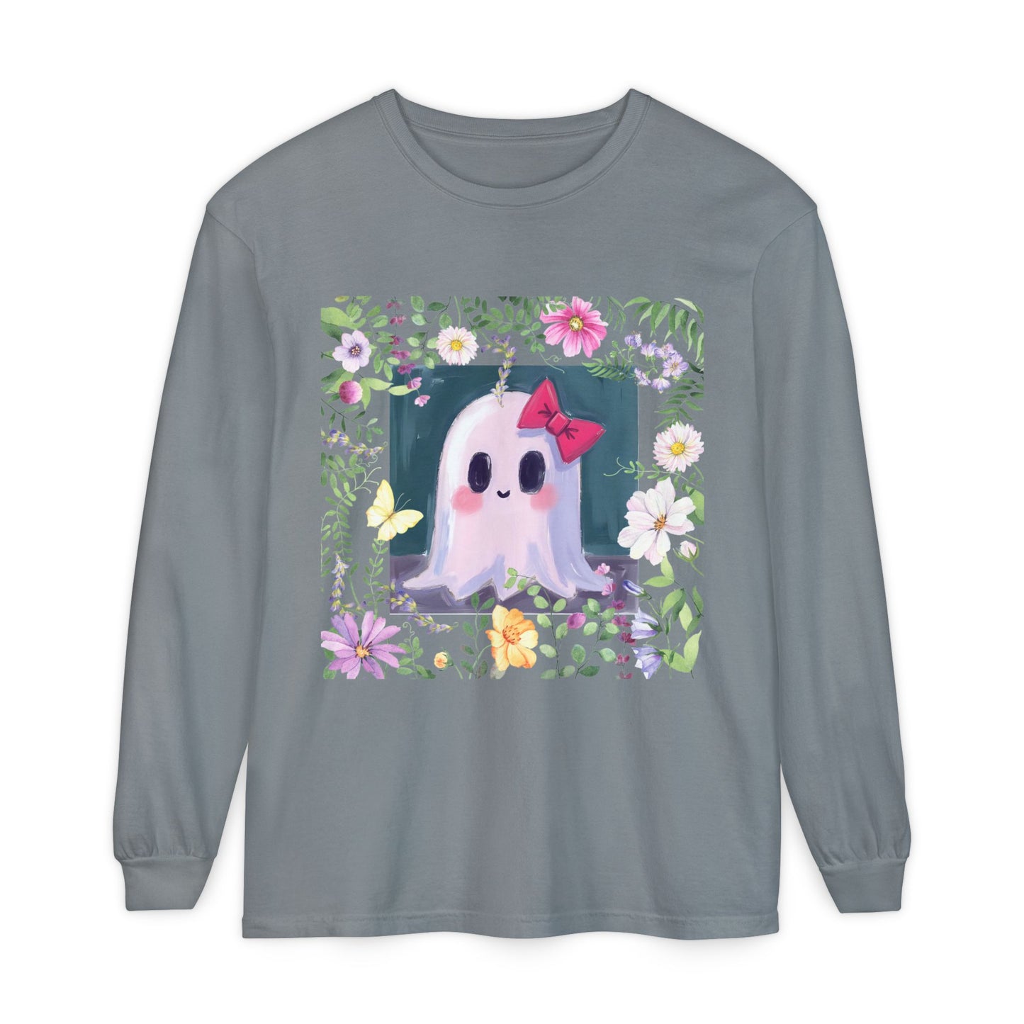 Cute Ghost Floral Long Sleeve T-Shirt, Unisex Halloween Tee, Fall Fashion, Gift for Ghost Lovers, Casual Wear, Spooky Season Apparel